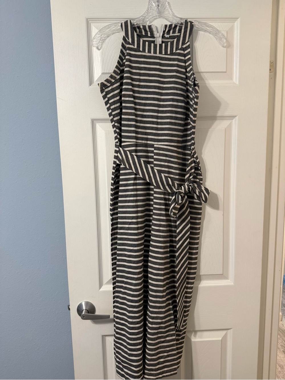 Striped Sleeveless Black & White Jumpsuit with Waist Tie